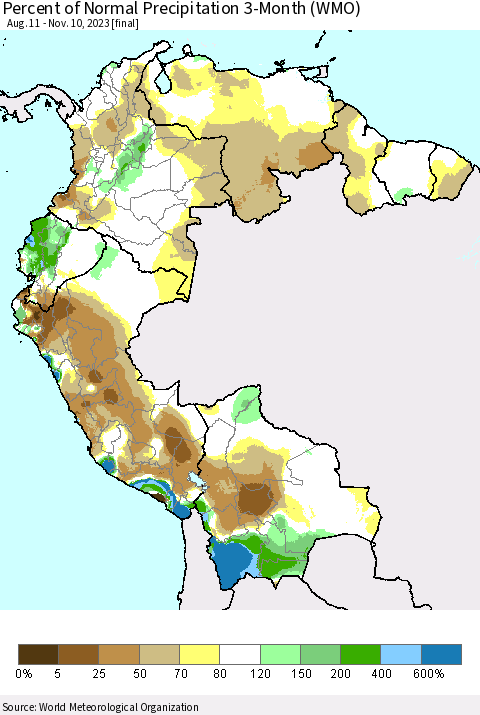 Northern South America Percent of Normal Precipitation 3-Month (WMO) Thematic Map For 8/11/2023 - 11/10/2023