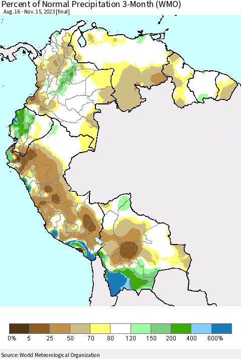 Northern South America Percent of Normal Precipitation 3-Month (WMO) Thematic Map For 8/16/2023 - 11/15/2023