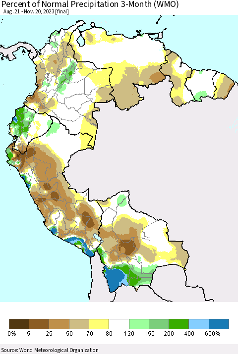 Northern South America Percent of Normal Precipitation 3-Month (WMO) Thematic Map For 8/21/2023 - 11/20/2023