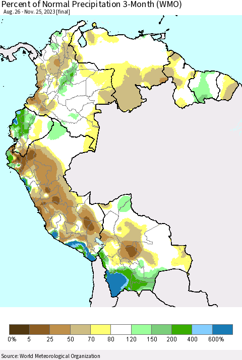 Northern South America Percent of Normal Precipitation 3-Month (WMO) Thematic Map For 8/26/2023 - 11/25/2023