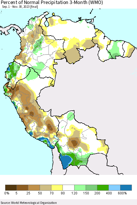 Northern South America Percent of Normal Precipitation 3-Month (WMO) Thematic Map For 9/1/2023 - 11/30/2023