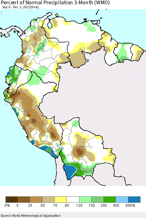 Northern South America Percent of Normal Precipitation 3-Month (WMO) Thematic Map For 9/6/2023 - 12/5/2023