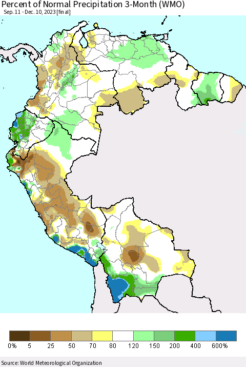Northern South America Percent of Normal Precipitation 3-Month (WMO) Thematic Map For 9/11/2023 - 12/10/2023