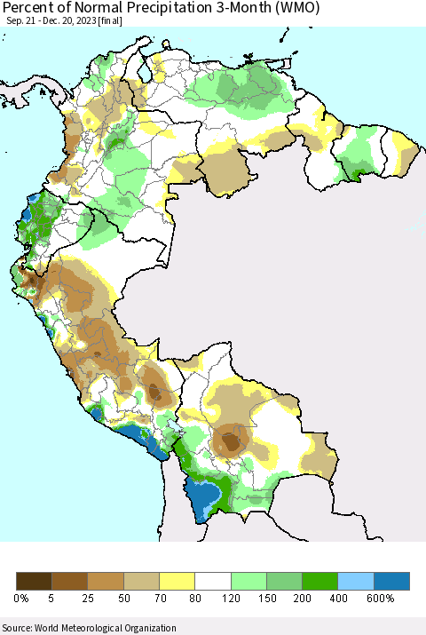 Northern South America Percent of Normal Precipitation 3-Month (WMO) Thematic Map For 9/21/2023 - 12/20/2023