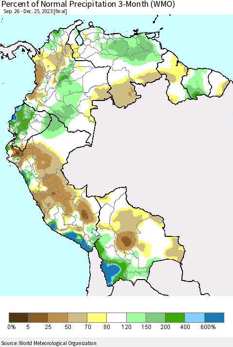 Northern South America Percent of Normal Precipitation 3-Month (WMO) Thematic Map For 9/26/2023 - 12/25/2023