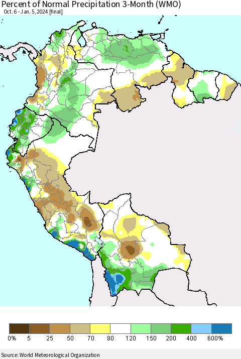 Northern South America Percent of Normal Precipitation 3-Month (WMO) Thematic Map For 10/6/2023 - 1/5/2024
