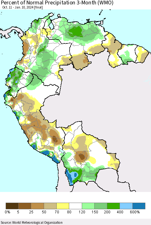 Northern South America Percent of Normal Precipitation 3-Month (WMO) Thematic Map For 10/11/2023 - 1/10/2024