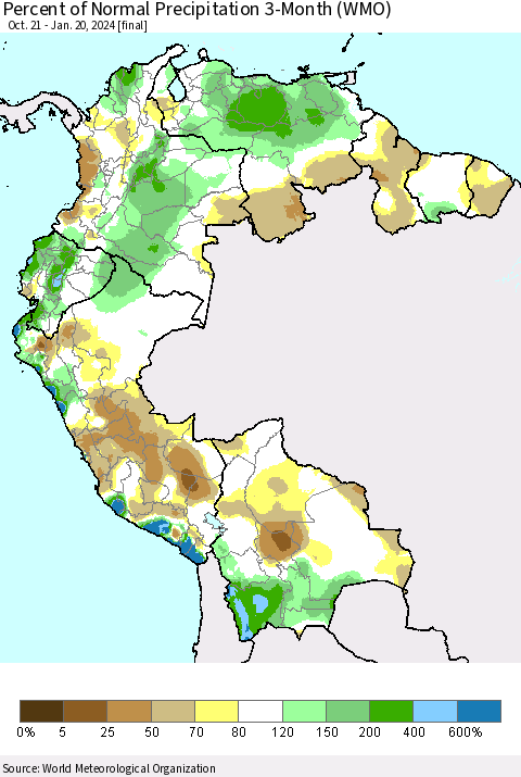 Northern South America Percent of Normal Precipitation 3-Month (WMO) Thematic Map For 10/21/2023 - 1/20/2024