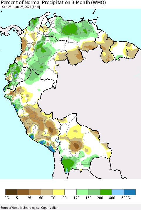 Northern South America Percent of Normal Precipitation 3-Month (WMO) Thematic Map For 10/26/2023 - 1/25/2024