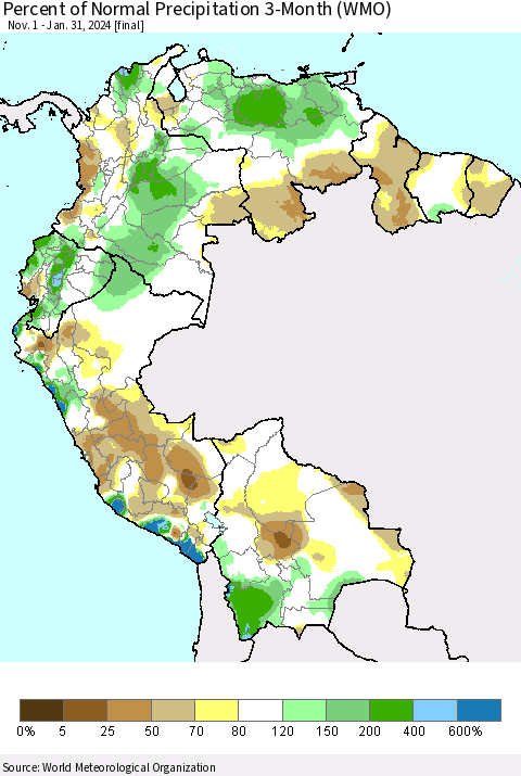 Northern South America Percent of Normal Precipitation 3-Month (WMO) Thematic Map For 11/1/2023 - 1/31/2024