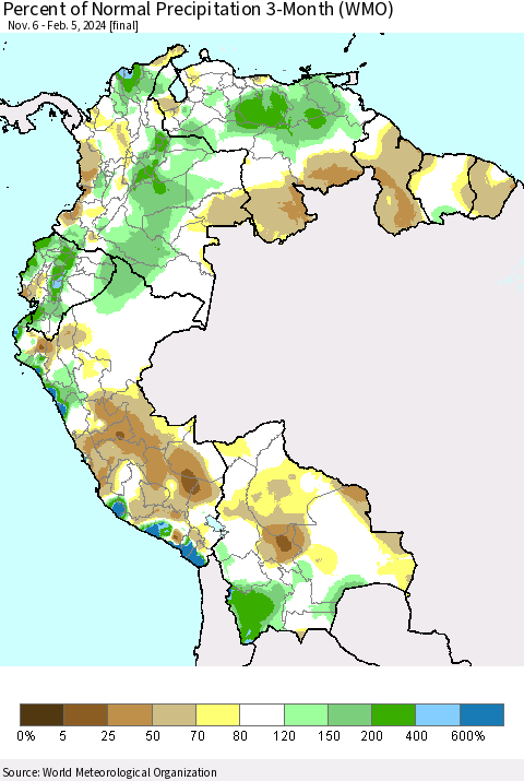 Northern South America Percent of Normal Precipitation 3-Month (WMO) Thematic Map For 11/6/2023 - 2/5/2024