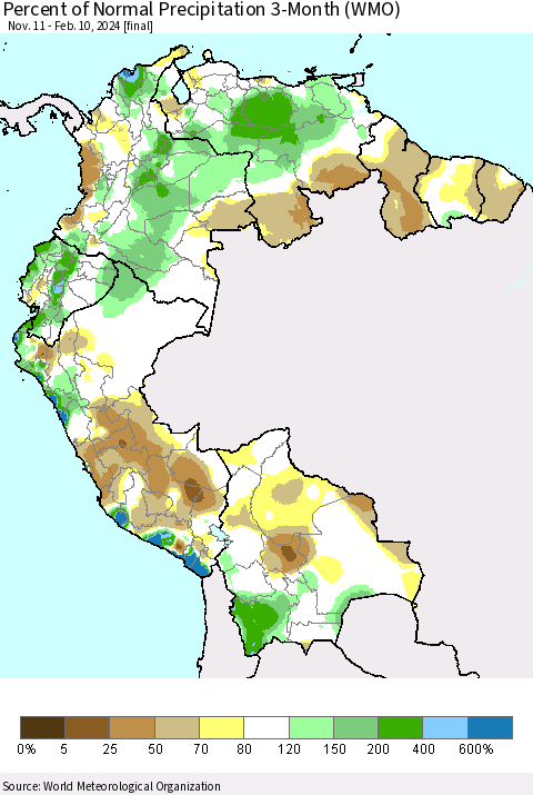 Northern South America Percent of Normal Precipitation 3-Month (WMO) Thematic Map For 11/11/2023 - 2/10/2024