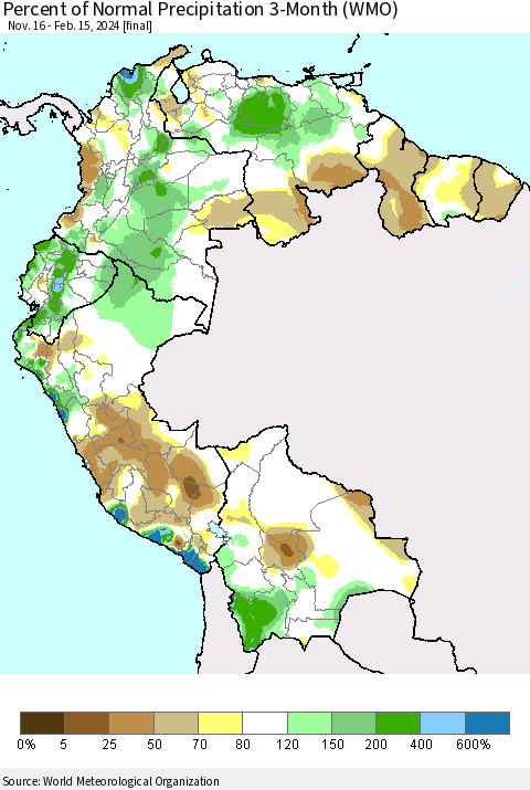 Northern South America Percent of Normal Precipitation 3-Month (WMO) Thematic Map For 11/16/2023 - 2/15/2024