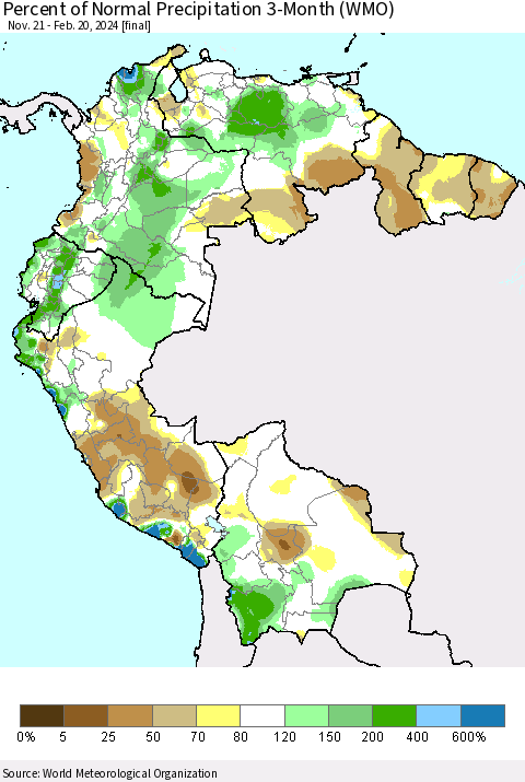Northern South America Percent of Normal Precipitation 3-Month (WMO) Thematic Map For 11/21/2023 - 2/20/2024