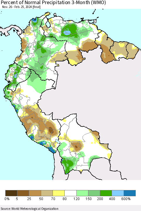 Northern South America Percent of Normal Precipitation 3-Month (WMO) Thematic Map For 11/26/2023 - 2/25/2024