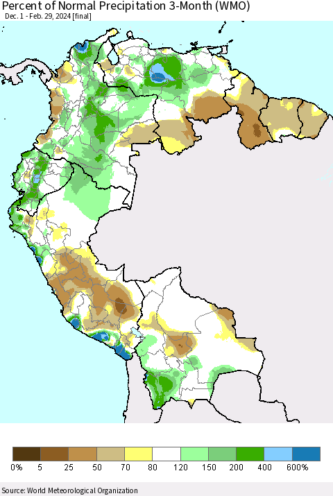 Northern South America Percent of Normal Precipitation 3-Month (WMO) Thematic Map For 12/1/2023 - 2/29/2024