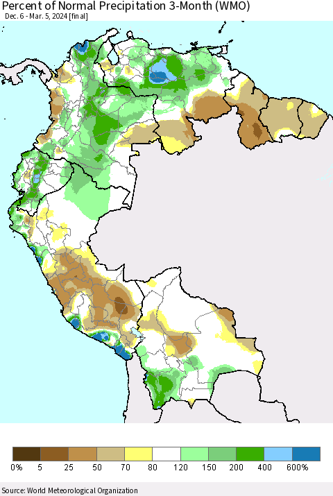 Northern South America Percent of Normal Precipitation 3-Month (WMO) Thematic Map For 12/6/2023 - 3/5/2024