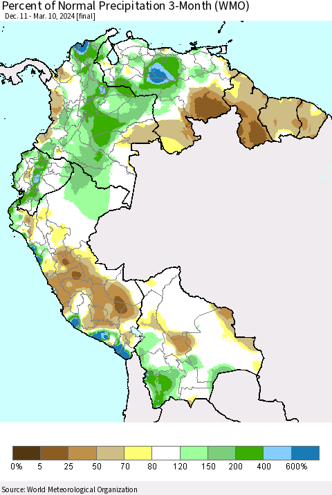 Northern South America Percent of Normal Precipitation 3-Month (WMO) Thematic Map For 12/11/2023 - 3/10/2024
