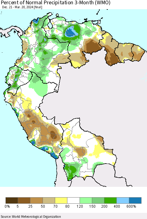 Northern South America Percent of Normal Precipitation 3-Month (WMO) Thematic Map For 12/21/2023 - 3/20/2024