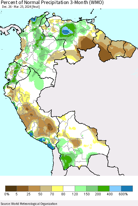 Northern South America Percent of Normal Precipitation 3-Month (WMO) Thematic Map For 12/26/2023 - 3/25/2024