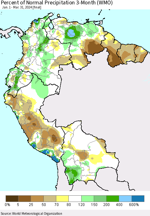 Northern South America Percent of Normal Precipitation 3-Month (WMO) Thematic Map For 1/1/2024 - 3/31/2024