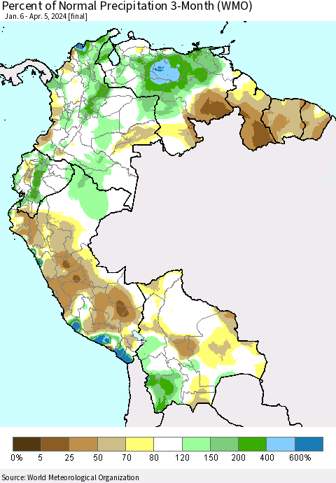 Northern South America Percent of Normal Precipitation 3-Month (WMO) Thematic Map For 1/6/2024 - 4/5/2024