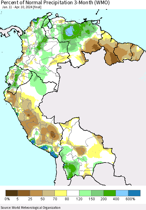Northern South America Percent of Normal Precipitation 3-Month (WMO) Thematic Map For 1/11/2024 - 4/10/2024