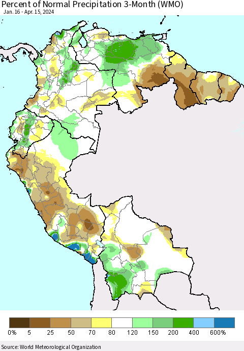 Northern South America Percent of Normal Precipitation 3-Month (WMO) Thematic Map For 1/16/2024 - 4/15/2024