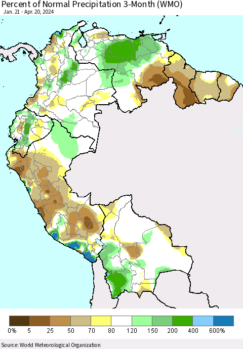 Northern South America Percent of Normal Precipitation 3-Month (WMO) Thematic Map For 1/21/2024 - 4/20/2024