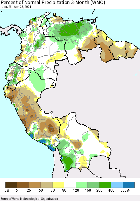 Northern South America Percent of Normal Precipitation 3-Month (WMO) Thematic Map For 1/26/2024 - 4/25/2024