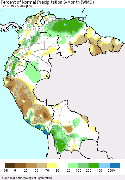 Northern South America Percent of Normal Precipitation 3-Month (WMO) Thematic Map For 2/6/2024 - 5/5/2024
