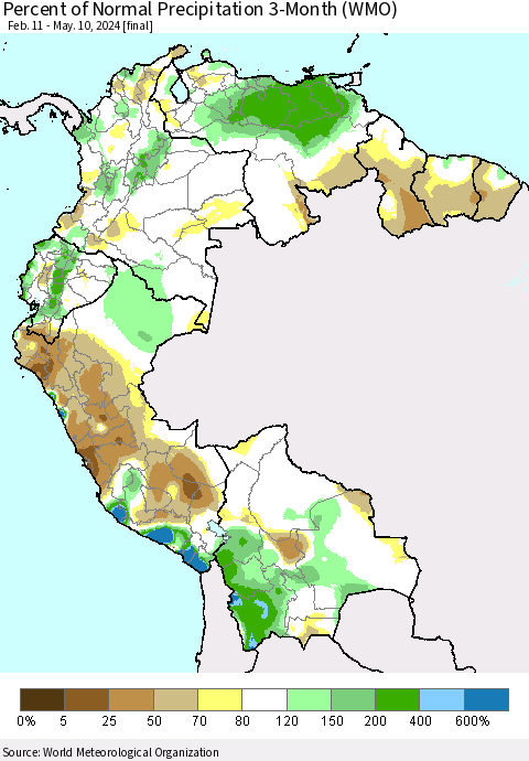 Northern South America Percent of Normal Precipitation 3-Month (WMO) Thematic Map For 2/11/2024 - 5/10/2024
