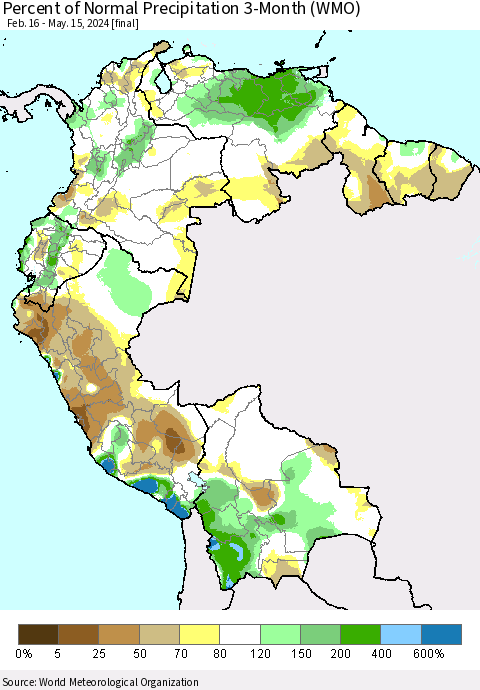 Northern South America Percent of Normal Precipitation 3-Month (WMO) Thematic Map For 2/16/2024 - 5/15/2024