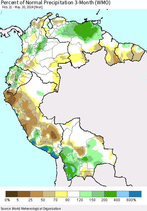 Northern South America Percent of Normal Precipitation 3-Month (WMO) Thematic Map For 2/21/2024 - 5/20/2024