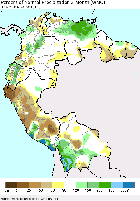 Northern South America Percent of Normal Precipitation 3-Month (WMO) Thematic Map For 2/26/2024 - 5/25/2024