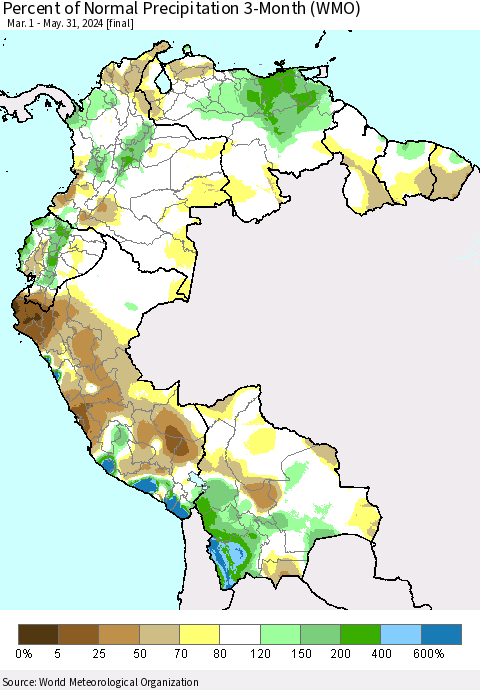 Northern South America Percent of Normal Precipitation 3-Month (WMO) Thematic Map For 3/1/2024 - 5/31/2024