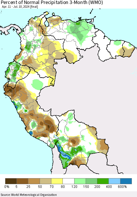 Northern South America Percent of Normal Precipitation 3-Month (WMO) Thematic Map For 4/11/2024 - 7/10/2024