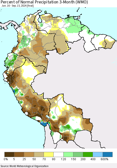Northern South America Percent of Normal Precipitation 3-Month (WMO) Thematic Map For 6/16/2024 - 9/15/2024
