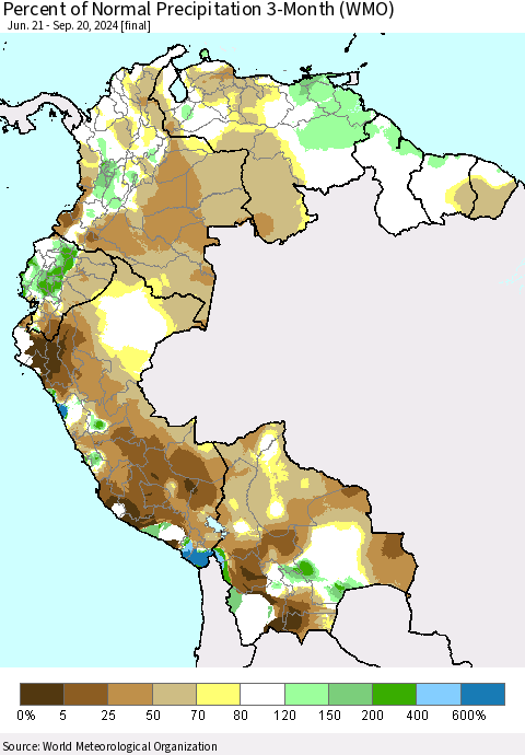 Northern South America Percent of Normal Precipitation 3-Month (WMO) Thematic Map For 6/21/2024 - 9/20/2024