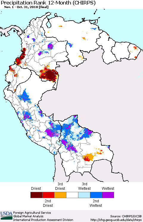 Northern South America Precipitation Rank since 1981, 12-Month (CHIRPS) Thematic Map For 11/1/2017 - 10/31/2018