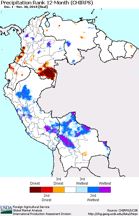 Northern South America Precipitation Rank since 1981, 12-Month (CHIRPS) Thematic Map For 12/1/2017 - 11/30/2018