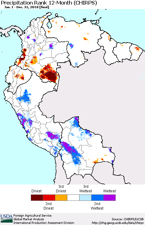 Northern South America Precipitation Rank since 1981, 12-Month (CHIRPS) Thematic Map For 1/1/2018 - 12/31/2018