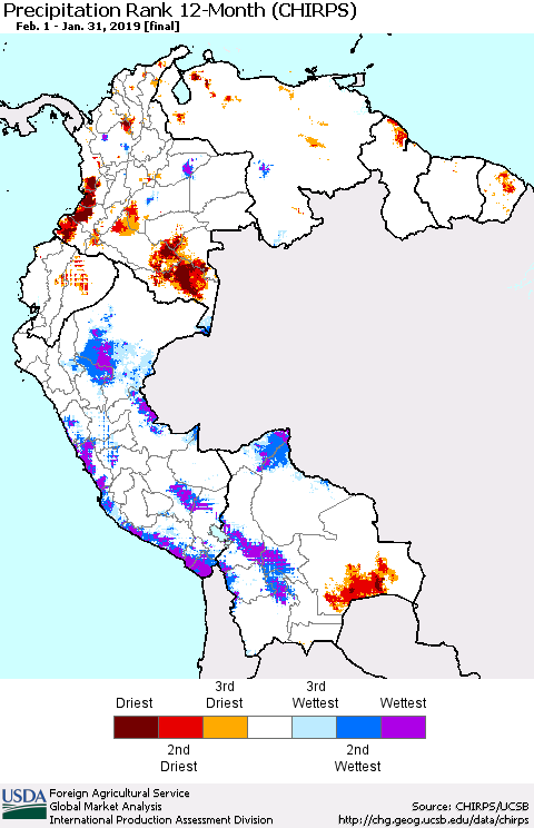 Northern South America Precipitation Rank since 1981, 12-Month (CHIRPS) Thematic Map For 2/1/2018 - 1/31/2019