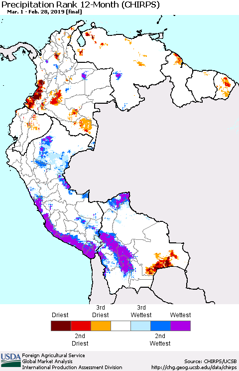 Northern South America Precipitation Rank since 1981, 12-Month (CHIRPS) Thematic Map For 3/1/2018 - 2/28/2019