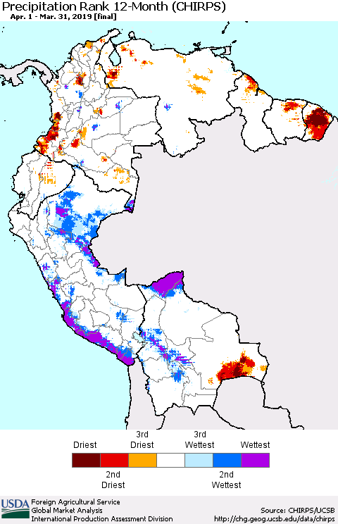 Northern South America Precipitation Rank since 1981, 12-Month (CHIRPS) Thematic Map For 4/1/2018 - 3/31/2019