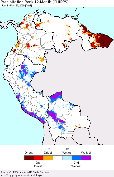 Northern South America Precipitation Rank since 1981, 12-Month (CHIRPS) Thematic Map For 6/1/2018 - 5/31/2019