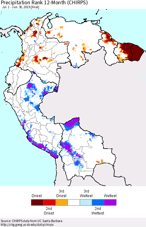 Northern South America Precipitation Rank since 1981, 12-Month (CHIRPS) Thematic Map For 7/1/2018 - 6/30/2019