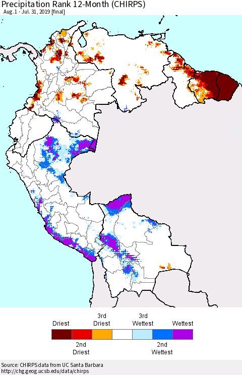 Northern South America Precipitation Rank since 1981, 12-Month (CHIRPS) Thematic Map For 8/1/2018 - 7/31/2019
