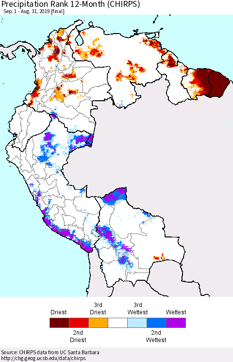 Northern South America Precipitation Rank since 1981, 12-Month (CHIRPS) Thematic Map For 9/1/2018 - 8/31/2019