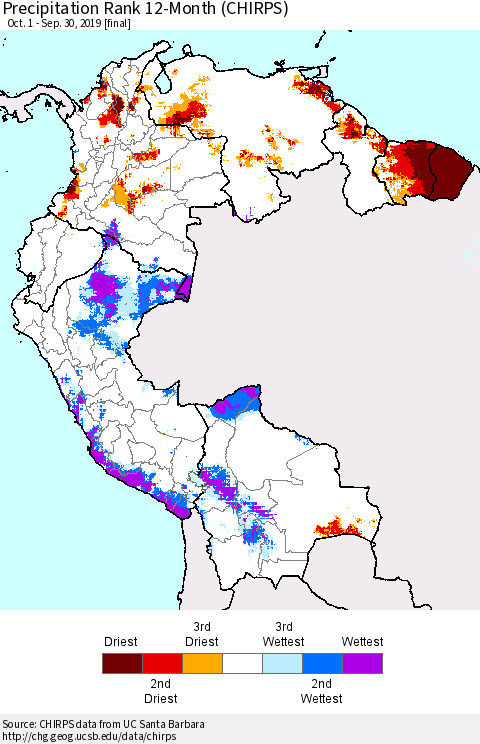 Northern South America Precipitation Rank since 1981, 12-Month (CHIRPS) Thematic Map For 10/1/2018 - 9/30/2019